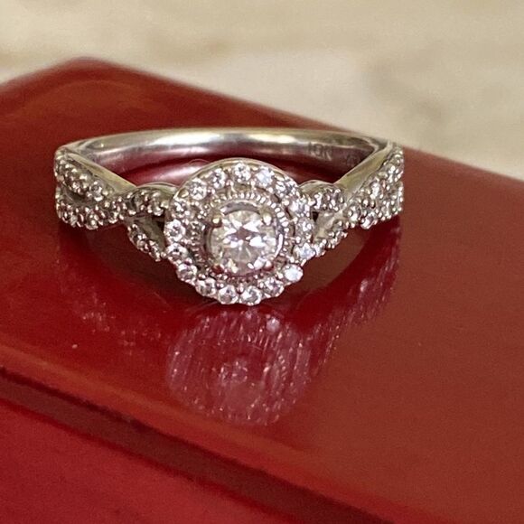 14K WG Crisscross Shank Genuine Diamond Halo Engagement Ring - Picture 6 of 11